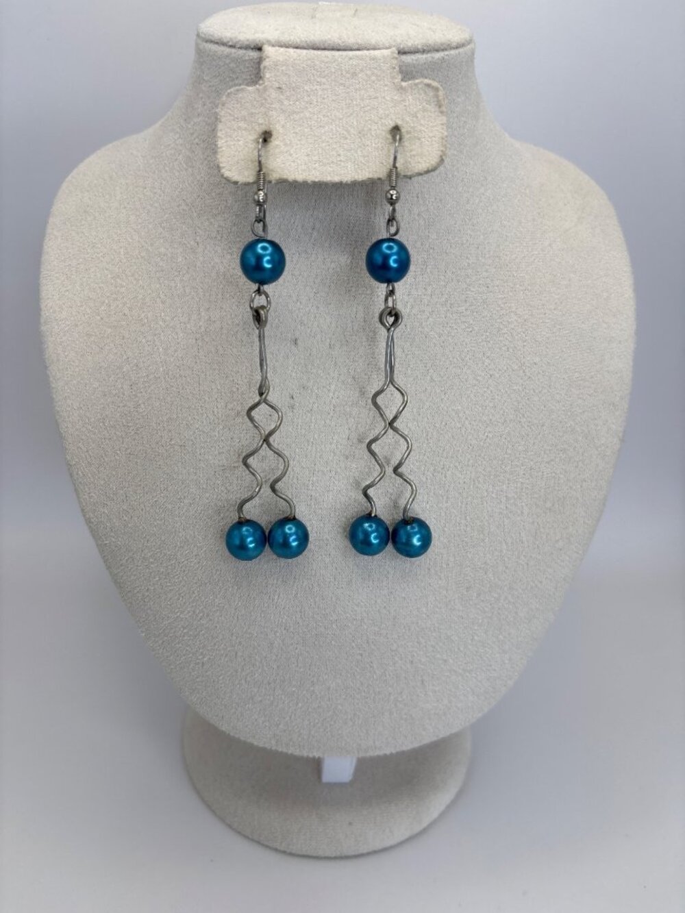 Vintage Unique Zig Zag Wire Long Drop Blue Bead Earrings